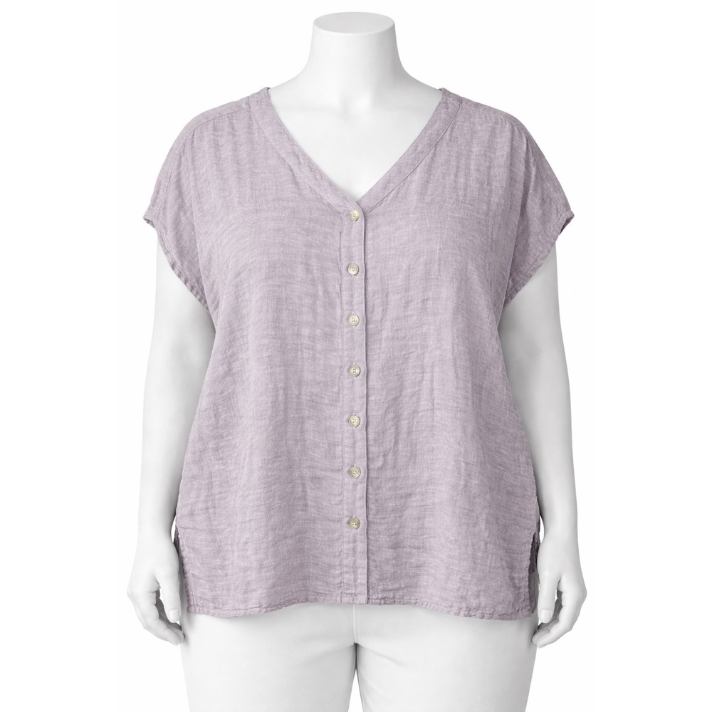 JNY 100% Linen Button Front Top Dusty Lavender V-Neck Cap Sleeve XL